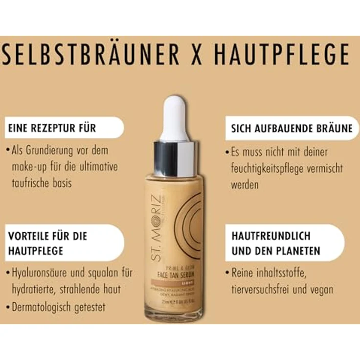 ST. MORIZ Professional Prime and Glow Face Tan Serum, 2-in-1 Selbstbräuner und Grundierung mit Hyaluronsäure und Squalan, dermatologisch getestet, 25ml – Bild 2