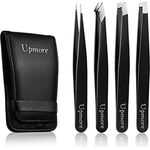 Upmore 4x Pinzette Set, Edelstahl in Schwarz, präzise Zupfpinzetten mit gerader, schräger und spitzer Spitze, inklusive Leder-Aufbewahrungstasche, für Männer und Frauen