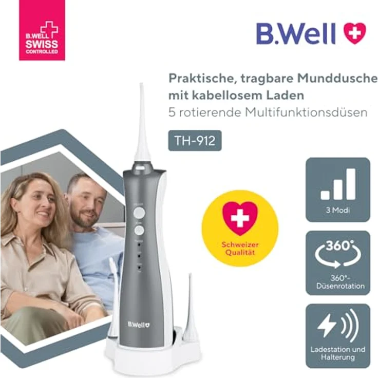 B.Well TH-912, Munddusche mit 3 Betriebsmodi, kabellos, 720 kPa, inklusive 5 Düsen und Wandhalterung – Bild 2