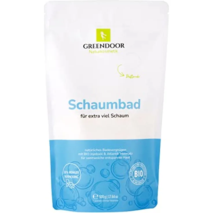 GREENDOOR Bio Schaumbad 500g Pulver Konzentrat mit Bio Jojobaöl und Meersalz, extra mild, für samtweiche Haut, sanfter Duft - Naturkosmetik für Frauen Männer Kinder