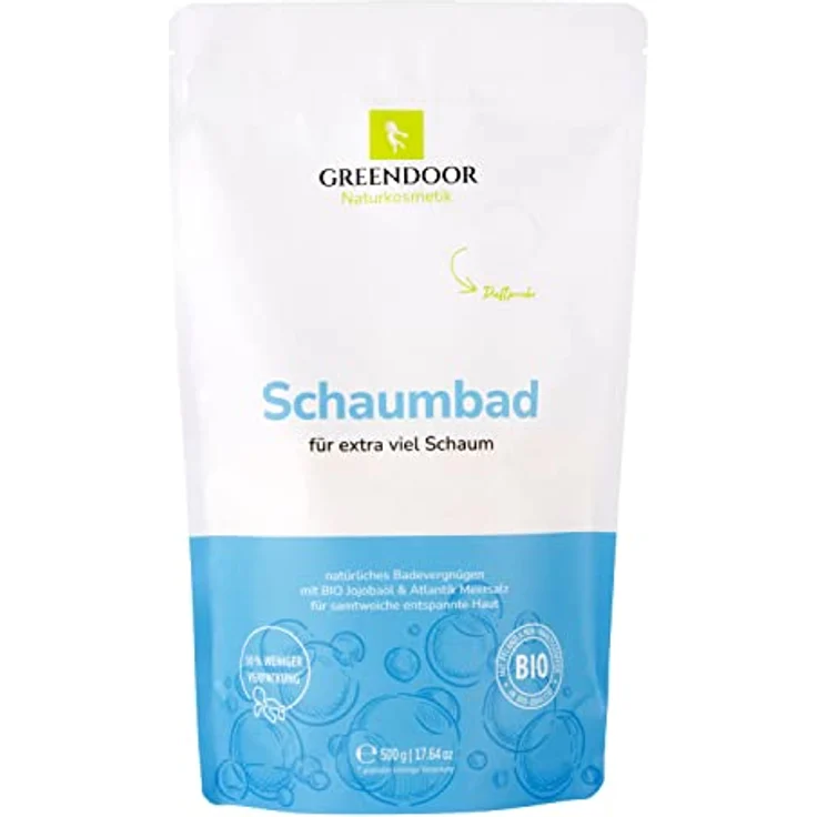 GREENDOOR Bio Schaumbad 500g Pulver Konzentrat mit Bio Jojobaöl und Meersalz, extra mild, für samtweiche Haut, sanfter Duft - Naturkosmetik für Frauen Männer Kinder – Bild 1