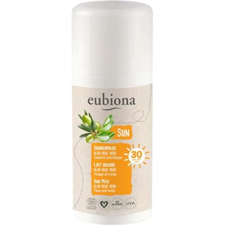 Eubiona Sonnenmilch LSF30, Olive-Aloe Vera, 100% natürliche Inhaltsstoffe, 100ml für Gesicht und Körper