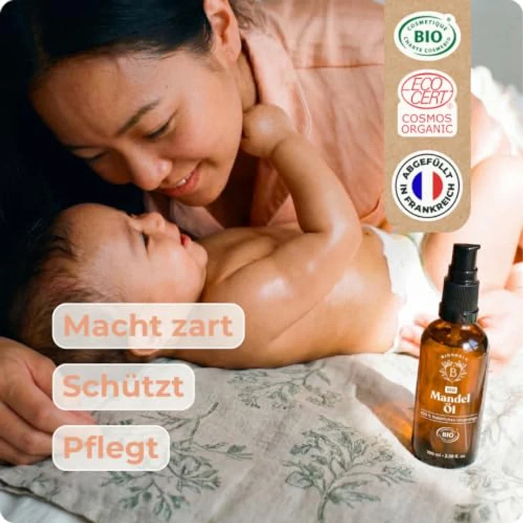 BIONOBLE Mandelöl Bio Kaltgepresst, 100ml, mehrfach einsetzbar für Baby, Massage, Haut- und Haarpflege, vegan, 100% natürlich – Bild 2