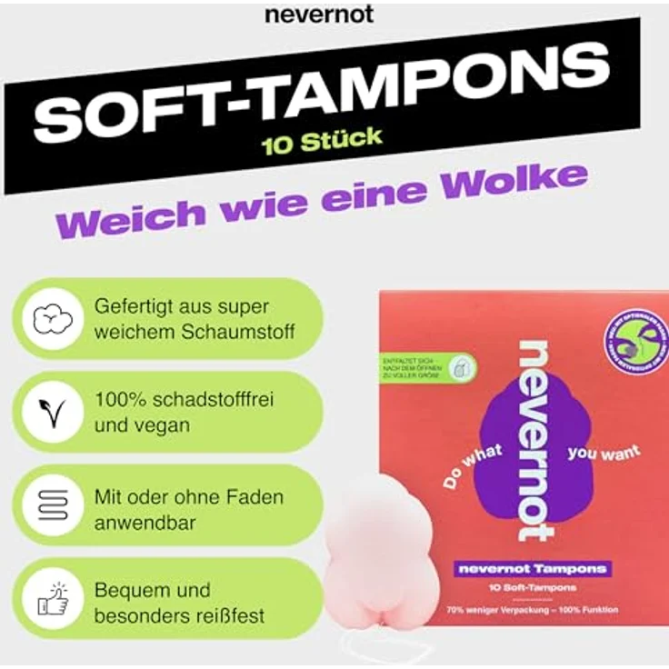 nevernot Soft-Tampons, vakuum-verpackte Tampons im 10er-Pack, 100 % Funktion mit optionalem Faden, schadstofffreier Schaumstoff, OEKOTEX® Standard 100 – Bild 3