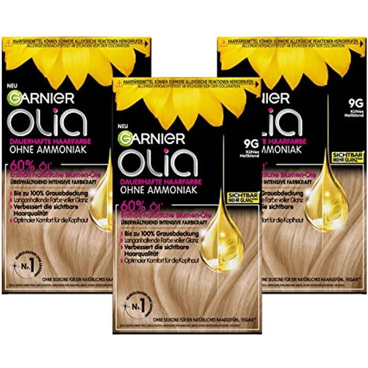 Garnier Olia Dauerhafte Haarfarbe ohne Ammoniak, Mit pflegenden und natürlichen Ölen, Vollständige Grauhaarabdeckung, Permanente Coloration, Nr. 9G Kühles Hellblond, 3 x 1 Stück
