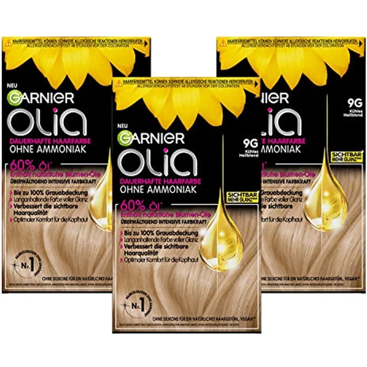 Garnier Olia Dauerhafte Haarfarbe ohne Ammoniak, Mit pflegenden und natürlichen Ölen, Vollständige Grauhaarabdeckung, Permanente Coloration, Nr. 9G Kühles Hellblond, 3 x 1 Stück – Bild 1