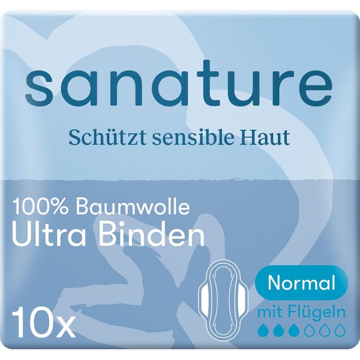 Sanature Ultra Binden Normal mit Flügeln, 10 Stück – 100 % Baumwolle, hypoallergen, atmungsaktiv, ideal bei sensibler Haut