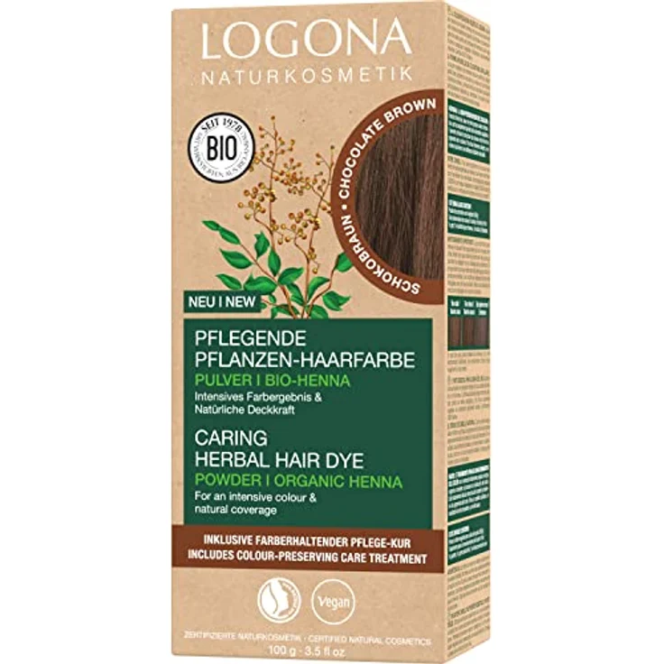 LOGONA Naturkosmetik Pflegende pflanzliche Haarfarbe, Veganes Haarfarbe-Pulver mit Bio-Henna für intensive Farbe und Glanz, Pflanzenhaarfarbe in Schokobraun (Braun), 1 x 100g – Bild 1