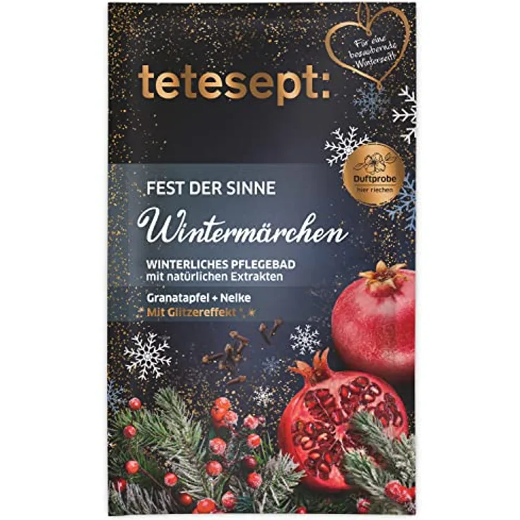 tetesept Fest der Sinne Wintermärchen – Meersalz Badezusatz mit Gold-Glitzereffekt – winterliches Pflegebad mit natürlichen Extrakten – 1 x 60 g