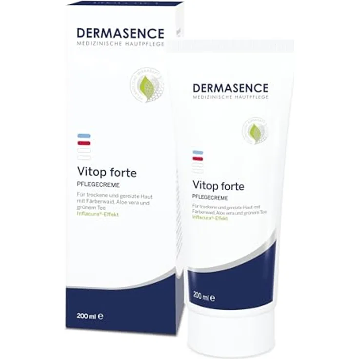 DERMASENCE Vitop forte Pflegecreme, 200 ml - Hautschützende Basispflege bei trockener und zu Neurodermitis neigende Haut - Entzündungen vorbeugend mit Färberwaid und Aloe Vera