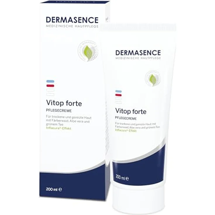 DERMASENCE Vitop forte Pflegecreme, 200 ml - Hautschützende Basispflege bei trockener und zu Neurodermitis neigende Haut - Entzündungen vorbeugend mit Färberwaid und Aloe Vera – Bild 1