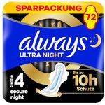 Always Ultra Night Damenbinden (Größe 4) mit Flügeln, 72 Stück, super saugfähig und ultra dünn, bis zu 10h Schutz, LeakGuard und OdourLock-Technologie