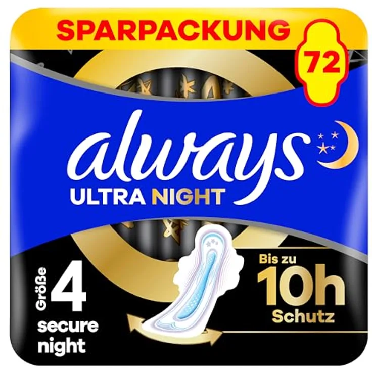 Always Ultra Night Damenbinden (Größe 4) mit Flügeln, 72 Stück, super saugfähig und ultra dünn, bis zu 10h Schutz, LeakGuard und OdourLock-Technologie