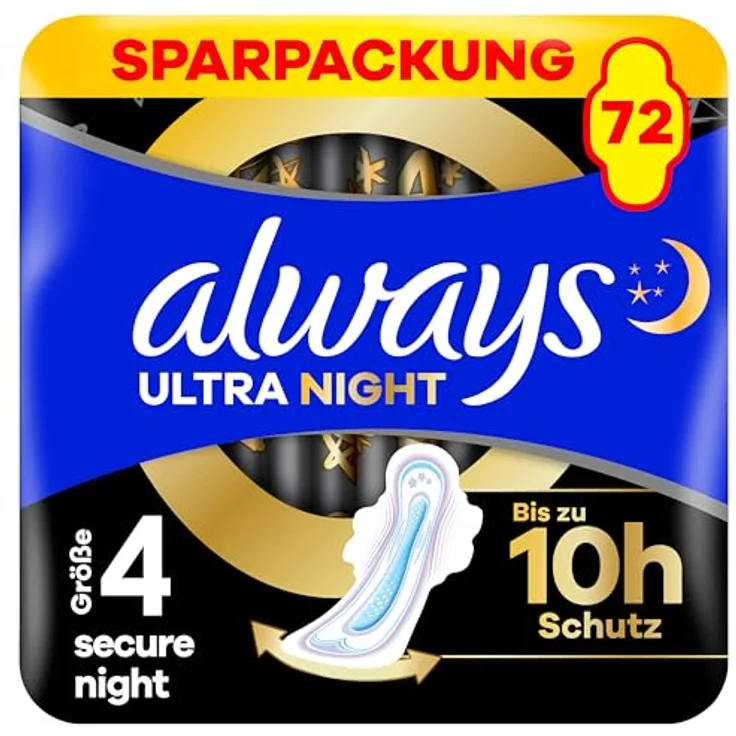Always Ultra Night Damenbinden (Größe 4) mit Flügeln, 72 Stück, super saugfähig und ultra dünn, bis zu 10h Schutz, LeakGuard und OdourLock-Technologie – Bild 1