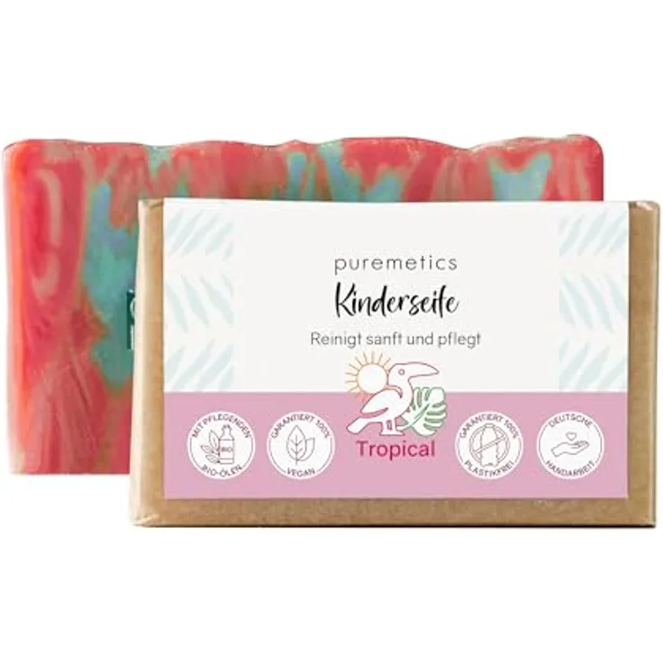 puremetics Natur-Seifen Kinderseife Tropical, antibakterielle Handseife mit Jojobaöl und Sheabutter, 75 g