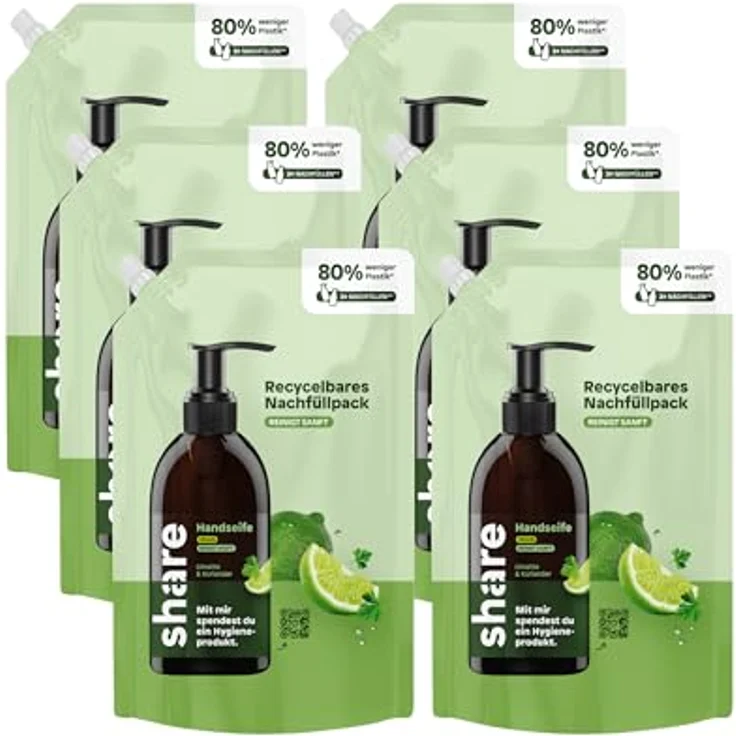 share Flüssigseife Nachfüllbeutel, Limette & Koriander (6x500ml), pH-hautneutral, vegane Handseife, plastiksparend – Bild 1