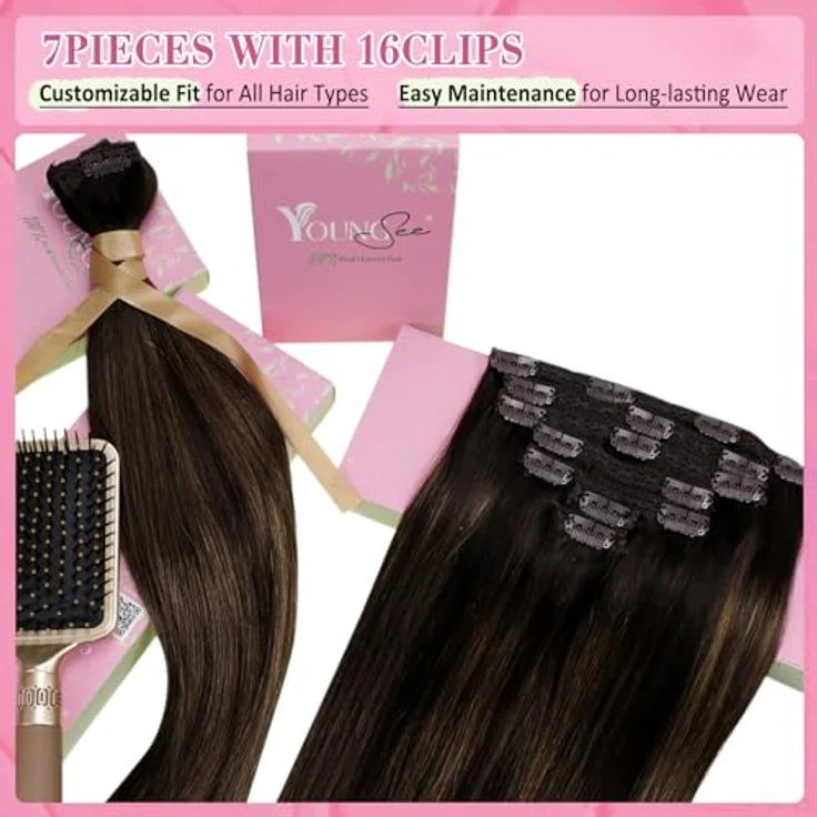 YoungSee Clip in Extensions Echthaar Braun Balayage 30cm, 80g, Dunkelbraun Ombre Mittelbraun, 7-teilig, Remy Haare für Damen, Hitzebeständig bis 180°C – Bild 4