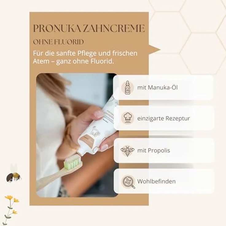 bedrop Pronuka Zahnpasta mit Propolis & Manuka-Öl, fluoridfrei, natürlich, ohne Mikroplastik & Titandioxid, mit Zitrone-Minze Geschmack (75ml) – Bild 3