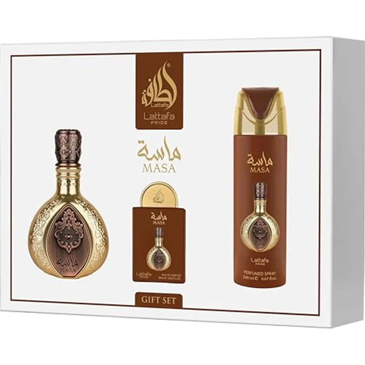 Lattafa Pride Masa Geschenkset 3-teilig, Unisex langanhaltender Duft mit 100 ml EDP, 200 ml Körperspray und 20 ml Travel EDP – Safran, Zitrone, Mango, Bernstein, Wildleder