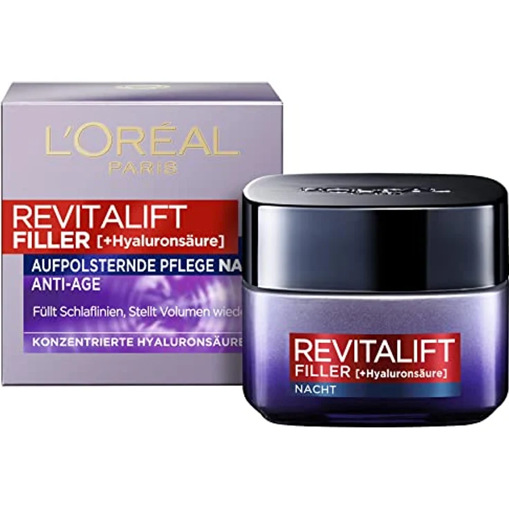 L'Oréal Paris Nachtpflege, Revitalift Filler, Anti-Aging Gesichtspflege, Anti-Falten und Volumen, Hyaluronsäure-Konzentrat, 2 x 50 ml – Bild 1