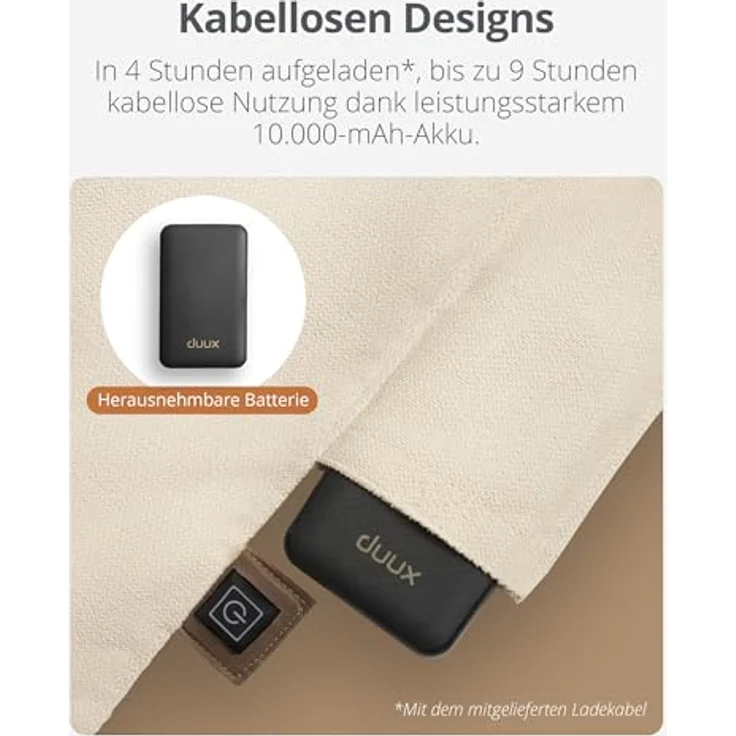 Duux Mellow Beheiztes Sitzkissen, kabellos, 3 Heizstufen, 10.000mAh Akku, wasserabweisend, waschbar, Memory Foam, 40x40 cm, beige – Bild 4