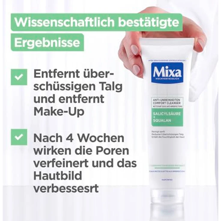 Mixa Anti-Unreinheiten Comfort Cleanser, Glättet das Erscheinungsbild der Poren, Mit Salicylsäure und Squalan, Geeignet für Gesicht & Hals, Hypoallergen, 150 ml – Bild 5