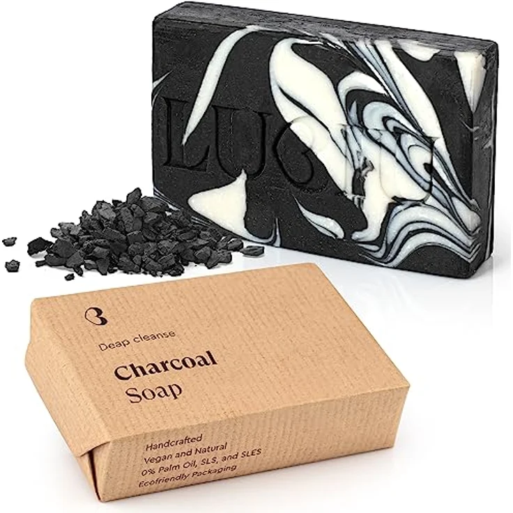 lubiu Schwarze Seife Stück - 100g Aktivkohle Seife ohne Palmöl - Naturseife für alle Hauttypen - Vegane und biologisch abbaubare Dusch- und Handseife – Bild 1