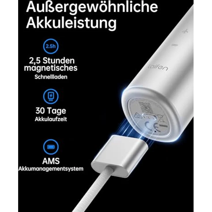 Laifen Wave elektrische Zahnbürste, Oszillation & Vibration mit 3 Bürstenköpfen, IPX7 wasserdicht, magnetisch wiederaufladbar, Aluminium – Bild 5