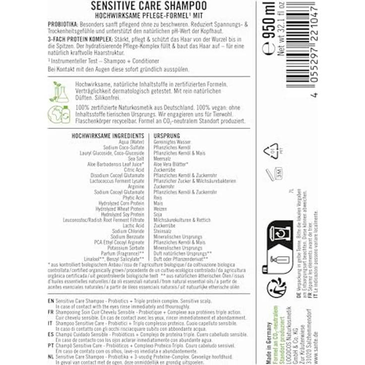SANTE Naturkosmetik Sensitive Care Shampoo Probiotika + 3-Fach Protein Komplex, veganes Haarshampoo mit Pumpspender, 950 ml, für gestärktes Haar und mehr Feuchtigkeit, geeignet für sensible Kopfhaut – Bild 2