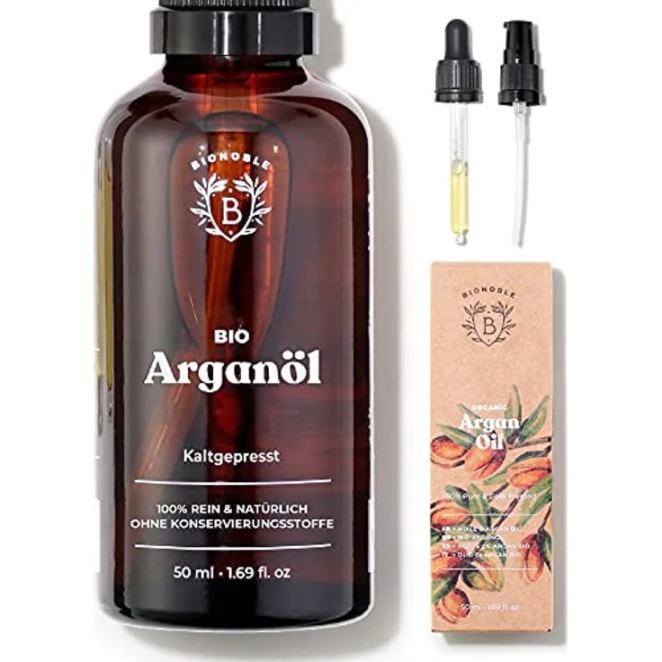 Bionoble Arganöl Bio 50ml - 100% Rein, Natürlich und Kaltgepresst - Gesicht, Körper, Haar, Bart, Nägel - Vegan und Cruelty Free - Argan Oil - Glasflasche + Pipette + Pumpe