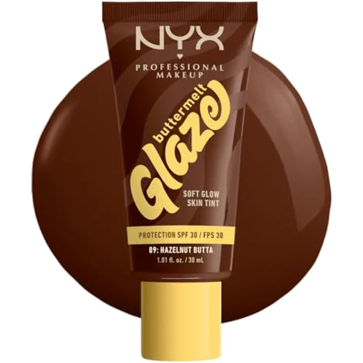 NYX PROFESSIONAL MAKEUP Foundation Buttermelt Glaze, LSF 30, Sheabutter, Mangobutter, Niacinamide, 30 ml, Farbton: 09 Hazelnut Butta – Bild 1