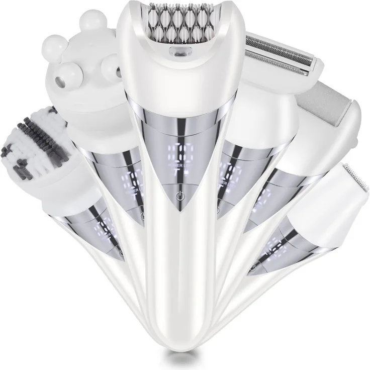 TEKOO 6-in-1 Elektrischer Rasierer für Frauen, Hornhautentferner, Bikini-Trimmer, IPX6 wasserdicht, kabellos, wiederaufladbar, 1400 mAh Akku, in Weiß