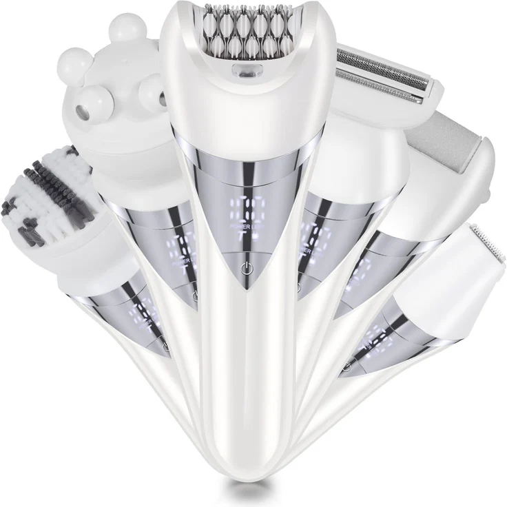 TEKOO 6-in-1 Elektrischer Rasierer für Frauen, Hornhautentferner, Bikini-Trimmer, IPX6 wasserdicht, kabellos, wiederaufladbar, 1400 mAh Akku, in Weiß