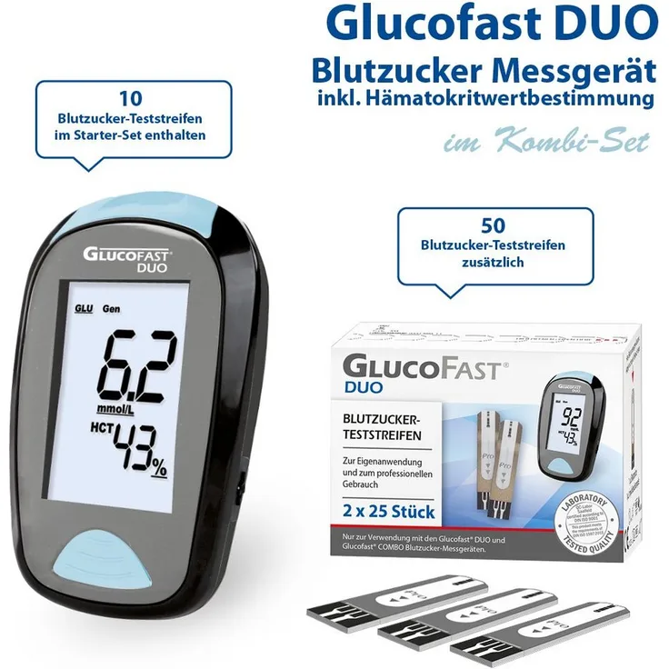 GLUCOFAST Blutzuckermessgerät DUO, Kombiset mit 60 Teststreifen, 10 Lanzetten und Lanzettiergerät, zur Messung von Blutzucker und Hämatokritwert in MMOL/DL