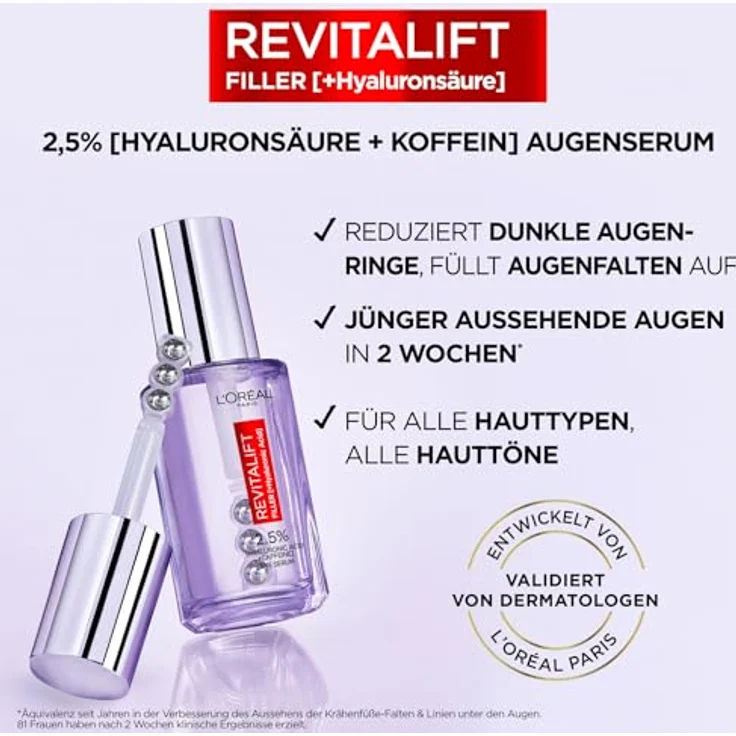 L'Oréal Paris Revitalift Filler Augenserum mit 2.5% [Hyaluronsäure + Koffein] Augenserum 20 ml – Bild 2