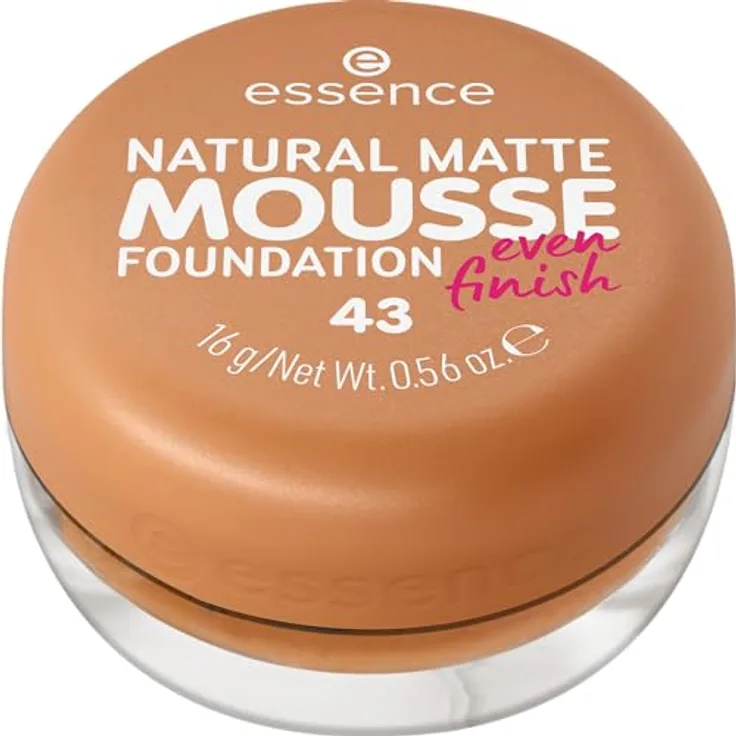 essence NATURAL MATTE MOUSSE FOUNDATION, Nr. 43, Nude, mattierend, abdeckend, Expressergebnis, matt, vegan, ohne Parfüm, ohne Alkohol, ohne Konservierungsstoffe, 1er Pack (16g)