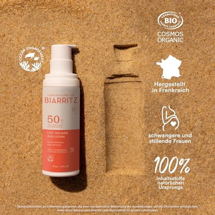 Laboratoires de Biarritz Sonnenmilch LSF50, Bio-zertifiziert, hypoallergen, leichte cremige Textur, 100 ml, für Gesicht und Körper, Made in France – Bild 1