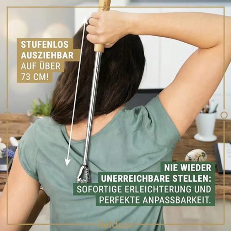 HELDSON® Rückenkratzer Holz, stufenlos ausziehbar bis 73 cm, inkl. 5 Kratzaufsätzen, mit Rückenreflexzonenkarte, Geschenk für Senioren, Frauen & Männer – Bild 4