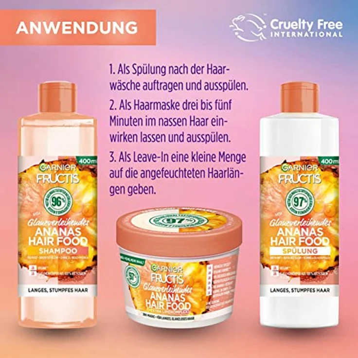 Garnier Ananas 3in1 Haarmaske für langes und stumpfes Haar, Leave In für mehr Glanz und Geschmeidigkeit, Vegane Formel mit natürlichen Inhaltsstoffen, Fructis Hair Food, 1 x 400 ml – Bild 5