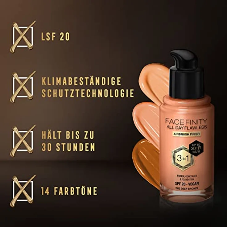 Max Factor Facefinity All Day Flawless, langanhaltende Make-up Foundation mit SPF 20, Farbton C82 Deep Bronze, 30 ml – Bild 6