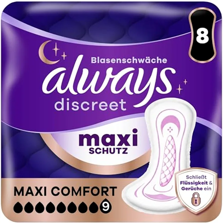 Always Discreet Inkontinenz-Einlagen Maxi Comfort, Saugstärke 9, 8 Stück, Extra Sicher bei Blasenschwäche mit Geruchskontrolle