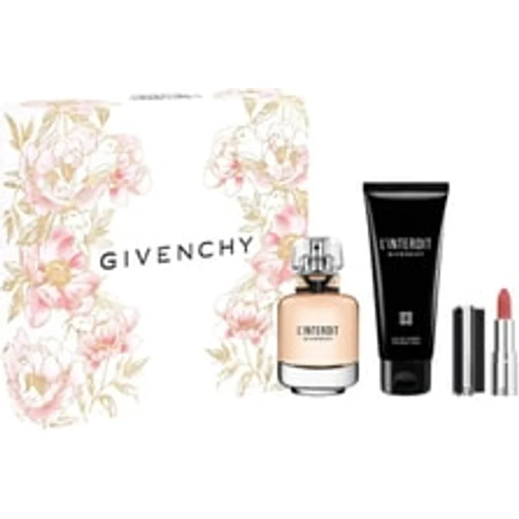 GIVENCHY L'Interdit EDP + Bodylotion + Mini Lippenstift Duftset, Geschenkset mit Eau de Parfum (50 ml), feuchtigkeitsspendender Bodylotion (75 ml) und Lippenstift #116 Nude Boisée (1,5 g)