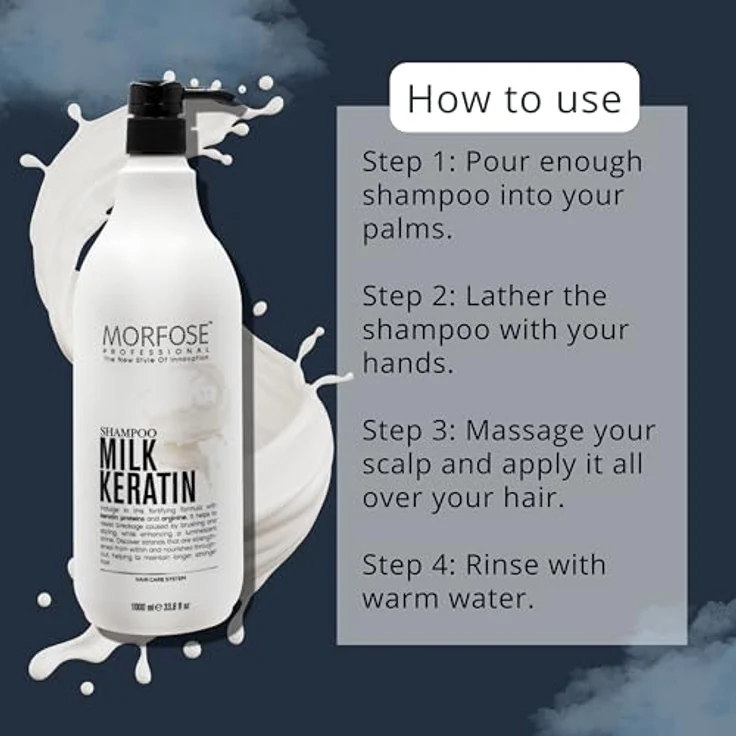 Morfose Milk Keratin Hair Shampoo 1000ml, mit Milch-, Keratin- und Argininproteinen, nährend, feuchtigkeitsspendend, reparierend – Bild 4