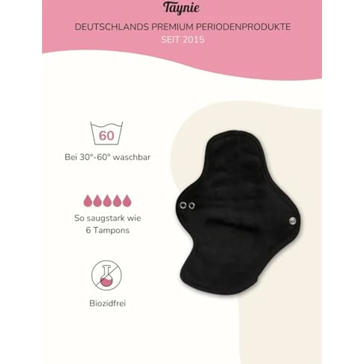 Taynie Waschbare Binde extra stark, Bio-Baumwolle, wiederverwendbare Damenbinden für starke Perioden, 60 ml Saugvolumen, schwarz – Bild 2