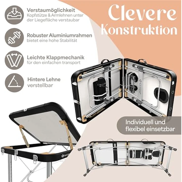 KESSER® Massageliege 3 Zonen, klappbar und verstellbar, bis 250kg, tragbar mit Koffer, schwarz, Alu-Kopfstütze und Armlehne, Anti-Rutsch Füße, 70cm – Bild 5