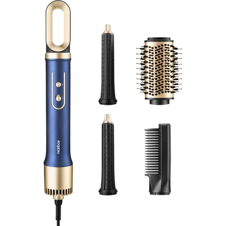 Niceboy AirBlow PRO Warmluftbürste, vielseitiges Hairstyling-Tool mit Heißluft, inklusive Aufsätzen für Locken und Glättung