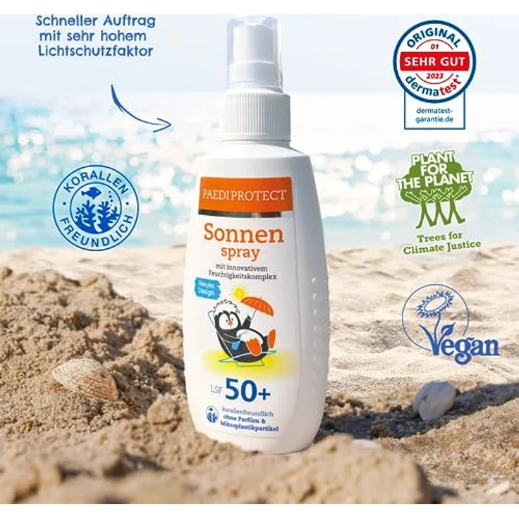 PAEDIPROTECT Sonnenspray Kinder Baby LSF 50+ 150 ml, Sonnencreme parfümfrei & wasserfestes Spray, Gesicht Körper, Sonnenschutzspray vor UVA/UVB-Strahlung, vegan, ohne Mikroplastik – Bild 2