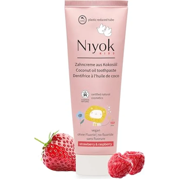 Niyok Zahnpasta Zahncreme Kids Erdbeere & Himbeere, natürliche Zahncreme mit Bio-Kokosöl, fluoridfrei, 75ml