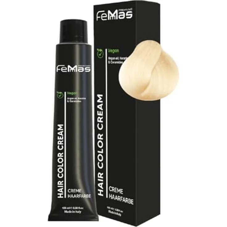 FemMas Haarfarbe Extra Platinblond Intensiv 12.0, Creme-Haarfarbe mit Arganöl, Keratin & Ceramiden für dauerhafte Färbung, 100 ml