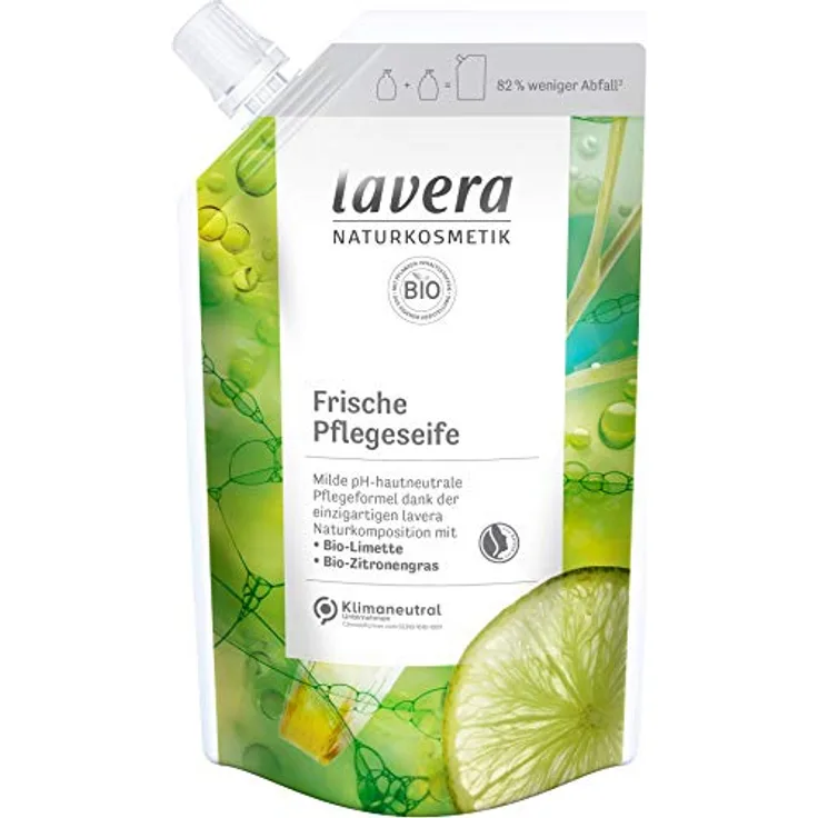 lavera Nachfüllbeutel Frische Pflegeseife - Flüssigseife mit Bio-Limette & Bio-Zitronengras - milde Reinigung - vegan - pH-neutral - auch für empfindliche & trockene Haut geeignet - 6 x 500 ml